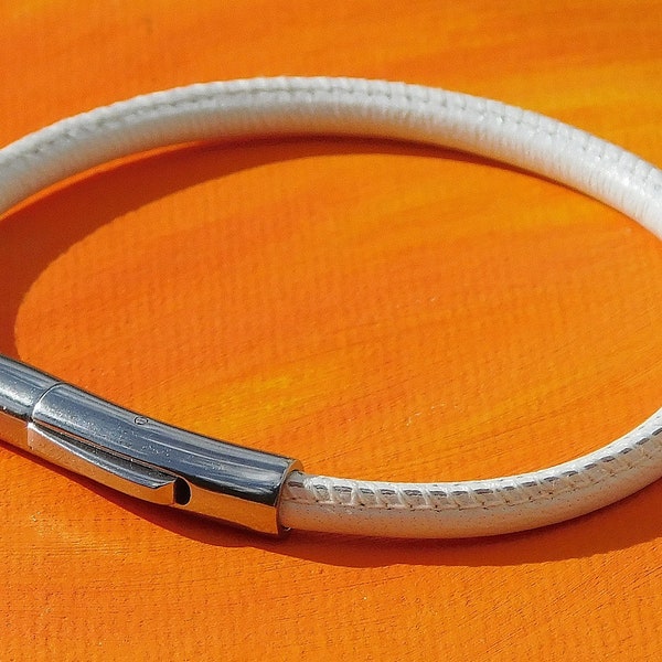 Mens / ladies 4mm White Nappa leather & stainless steel bracelet by Lyme Bay Art.