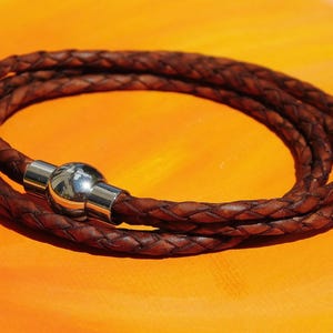 Ladies / Womens Antique Brown leather multi-strand, wraparound bracelet with a stainless steel magnetic clasp by Lyme Bay Art.
