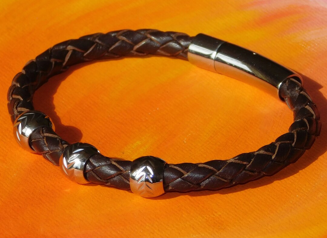 Mens / Ladies 5mm Tan Braided Leather & Stainless Steel Bracelet by