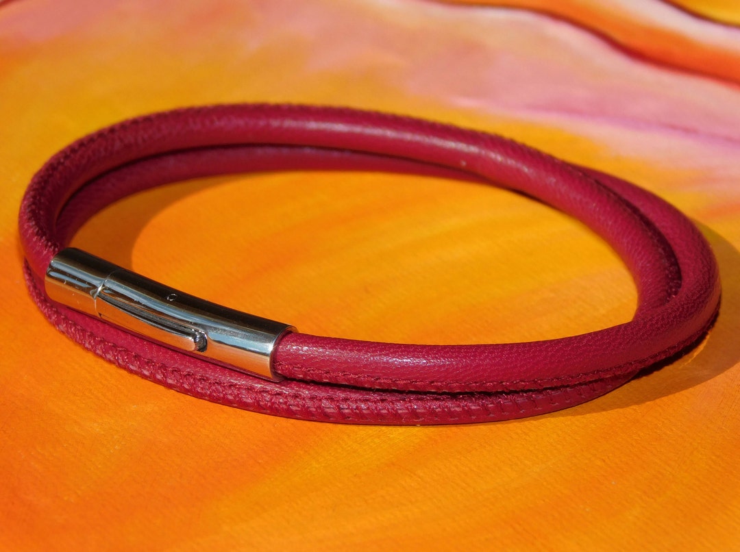 Bracciale In Pelle Nappa Viola 5 Mm Con Acciaio Inox - Lyme Bay Art - Fatto A Mano UK
