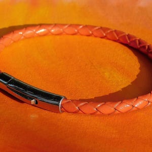 Mens / ladies 4mm Orange Braided leather & stainless steel bracelet by Lyme Bay Art.
