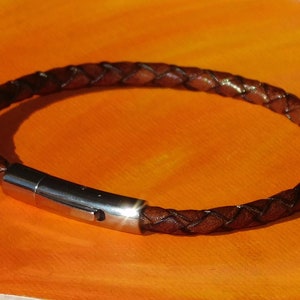 Mens / ladies 4mm Antique Brown Braided leather & stainless steel bracelet by Lyme Bay Art.