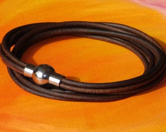 Ladies / Womens Antique Dark Brown leather multi-strand, wraparound bracelet with a stainless steel magnetic clasp by Lyme Bay Art.