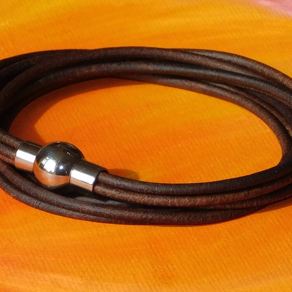 Ladies / Womens Antique Dark Brown leather multi-strand, wraparound bracelet with a stainless steel magnetic clasp by Lyme Bay Art.