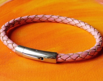 Mens / ladies 5mm Pink Braided leather & stainless steel bracelet by Lyme Bay Art.