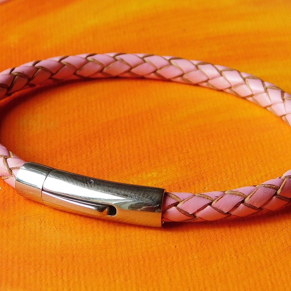 Mens / ladies 5mm Pink Braided leather & stainless steel bracelet by Lyme Bay Art.