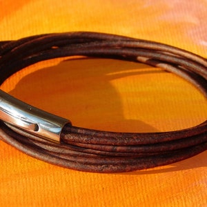 Mens / Ladies Antique Brown leather multi-strand, wraparound bracelet with a stainless steel clasp by Lyme Bay Art.