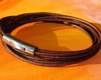 Mens / Ladies Antique Brown leather multi-strand, wraparound bracelet with a stainless steel clasp by Lyme Bay Art.