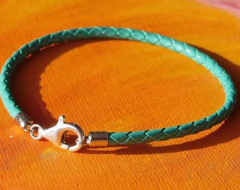 Herren / Damen 3 mm Türkis Geflochtenes Leder & Sterling Silber Armband von Lyme Bay Art.