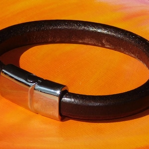 Mens / Ladies Chunky Dark Brown flat leather & stainless steel bracelet by Lyme Bay Art.
