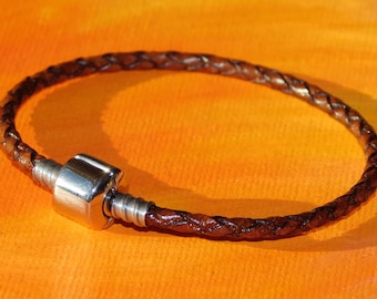 Ladies 3mm Antique Brown Braided leather & stainless steel European charm bracelet by Lyme Bay Art.