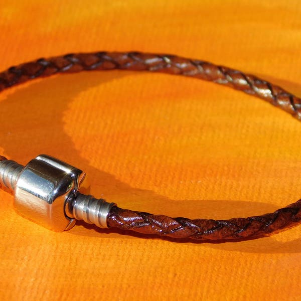 Ladies 3mm Antique Brown Braided leather & stainless steel European charm bracelet by Lyme Bay Art.