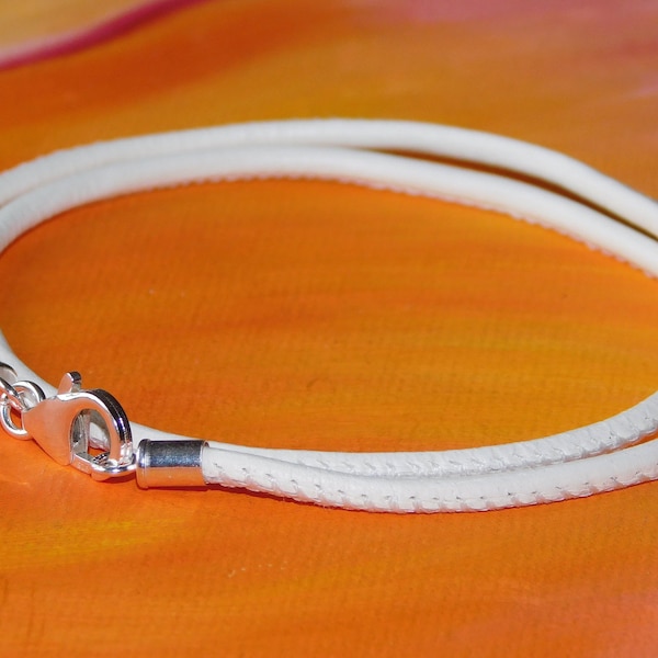 Mens / ladies 3mm White Nappa leather & sterling silver wrap-around  bracelet by Lyme Bay Art.