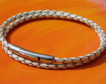 Mens / ladies 3mm White Braided leather & stainless steel double wrap bracelet by Lyme Bay Art.