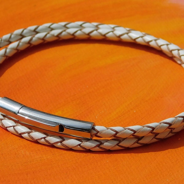 Mens / ladies 3mm White Braided leather & stainless steel double wrap bracelet by Lyme Bay Art.