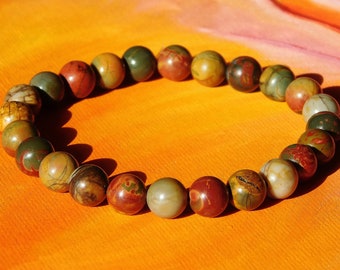 Mens / ladies 8mm Natural Picasso Stone Gemstone Beaded Bracelet by Lyme Bay Art.