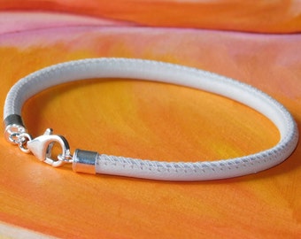 Mens / ladies 4mm Cream Nappa leather & sterling silver bracelet by Lyme Bay Art.