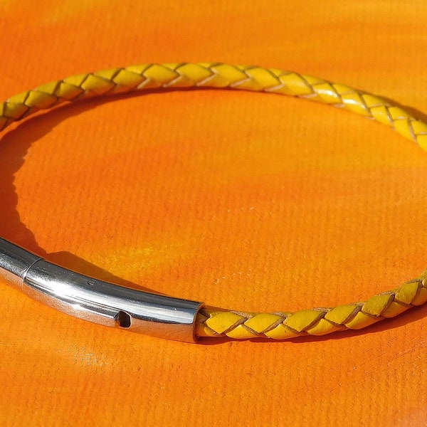 Mens / ladies 3mm Yellow Braided leather & stainless steel bracelet by Lyme Bay Art.