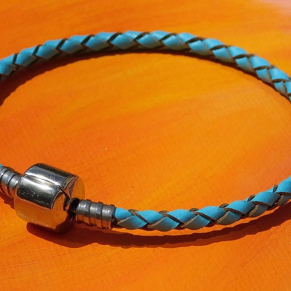 Ladies 3mm Turquoise Braided leather & stainless steel European charm bracelet by Lyme Bay Art.