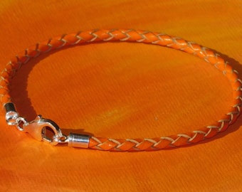 Mens / dames 3mm Orange Cuir tressé - bracelet en argent sterling par Lyme Bay Art.