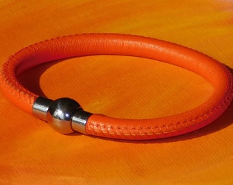 Mens / ladies 5mm Orange Nappa leather & stainless steel bracelet by Lyme Bay Art.