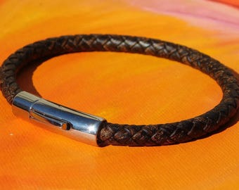 Mens / ladies Chunky 6mm Antique Brown Braided leather & stainless steel bracelet by Lyme Bay Art.