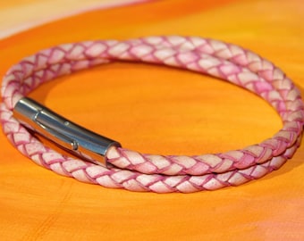 Mens / ladies 4mm Antique Rose Braided leather & stainless steel bracelet by Lyme Bay Art.