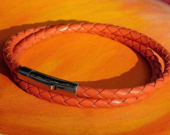 Mens / ladies 4mm Orange Braided leather & stainless steel bracelet by Lyme Bay Art.