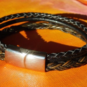Mens / Ladies Chunky Brown & Black leather and stainless steel bracelet by Lyme Bay Art.