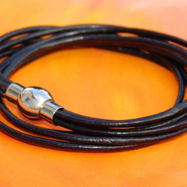 Ladies / Womens Black leather multi-strand, wraparound bracelet with a stainless steel magnetic clasp by Lyme Bay Art.