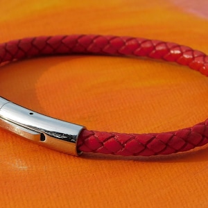 Mens / ladies 5mm Red Braided leather & stainless steel bracelet by Lyme Bay Art.