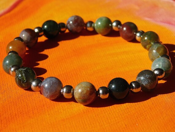Bracelet Homme/femme En Agate Et Acier - Perles Naturelles Et Inoxydable - Vert
