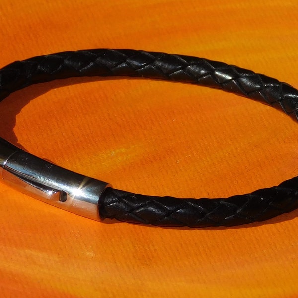 Mens / ladies 5mm Black Braided leather & stainless steel bracelet by Lyme Bay Art.