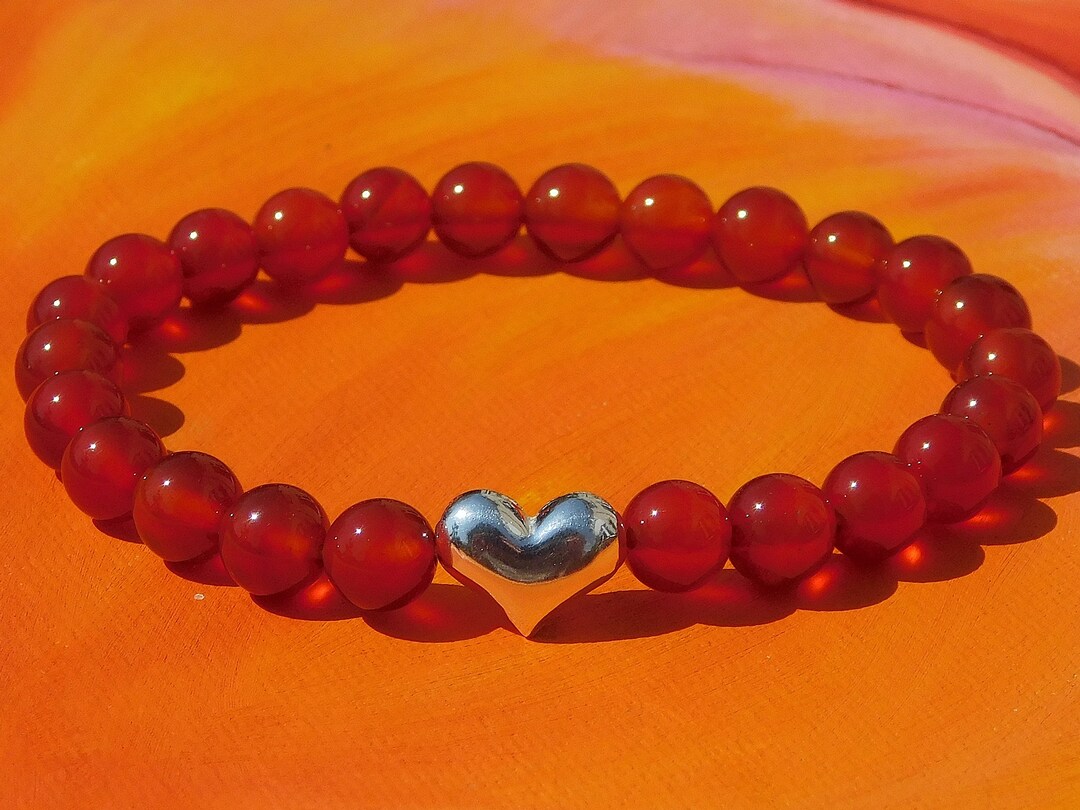 Ladies 8mm Natural Orange Agate Gemstone and Sterling Silver Heart
