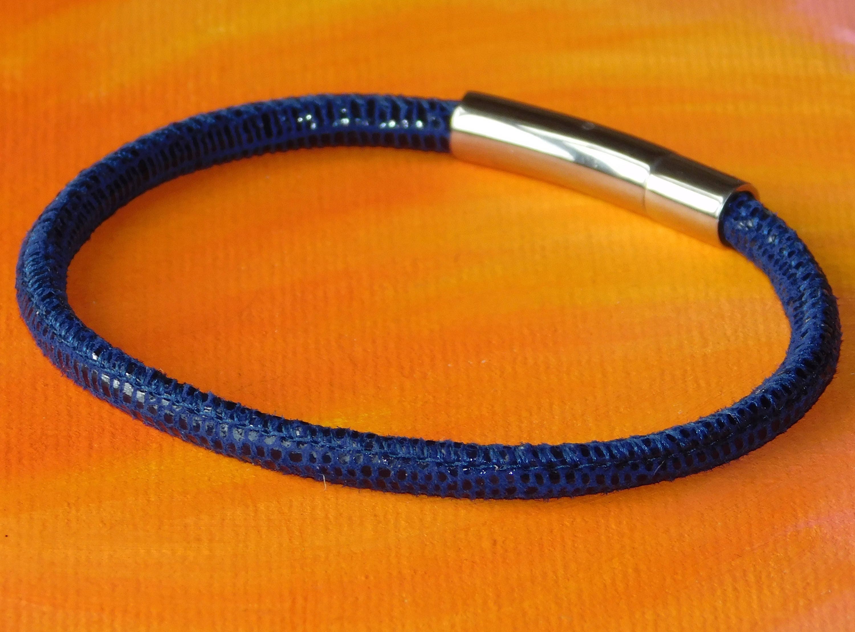 Ladies 4mm Blue nappa leather & stainless steel bracelet by Lyme Bay Art 