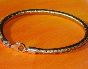 Mens / ladies 4mm Metallic Gold Nappa leather & sterling silver bracelet by Lyme Bay Art.