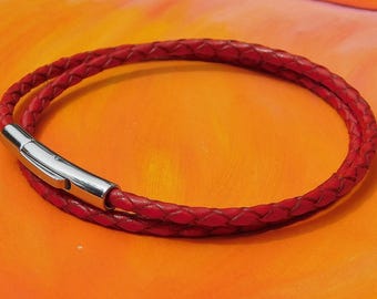 Herren / Damen 3 mm rotes geflochtenes Leder & Edelstahl Doppelwickelarmband von Lyme Bay Art.