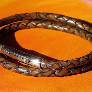 Mens / ladies 4mm Vintage Brown Braided leather & stainless steel bracelet by Lyme Bay Art.