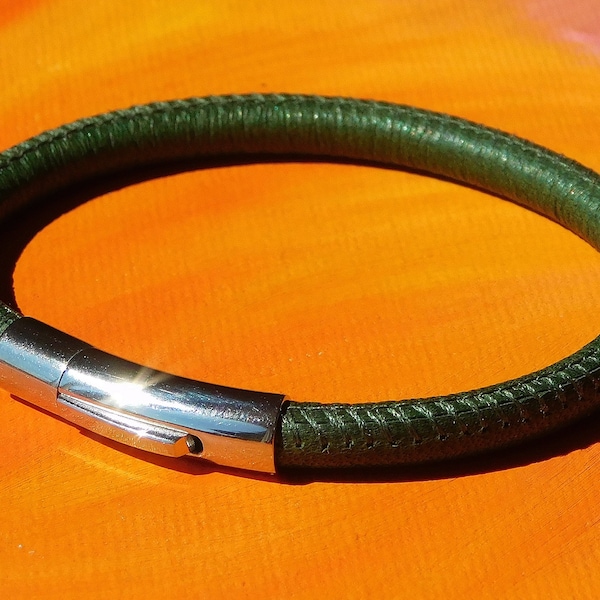 Mens / ladies 5mm Dark Olive Green Nappa leather & stainless steel bracelet by Lyme Bay Art.