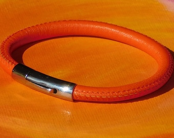 Mens / ladies 5mm Orange Nappa leather & stainless steel bracelet by Lyme Bay Art.