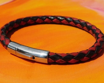 Mens / ladies Chunky 6mm Vintage Red and Black Braided leather & stainless steel bracelet by Lyme Bay Art.