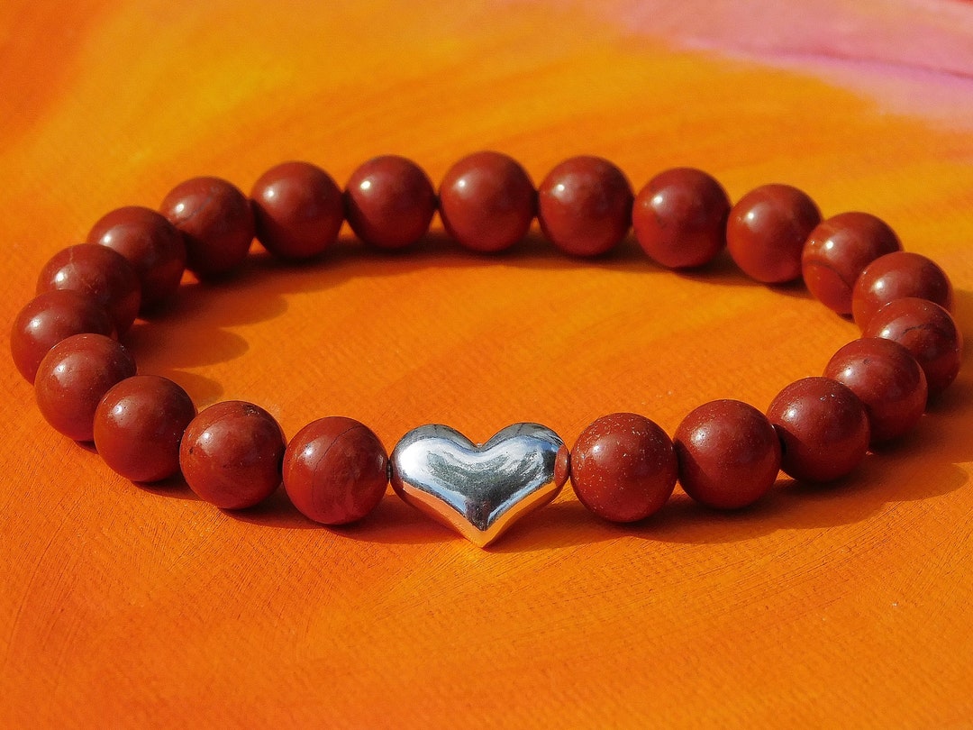 Ladies 8mm Natural Red Jasper Gemstone and Sterling Silver Heart