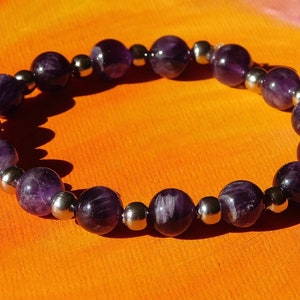 Mens / ladies 8mm Natural Amethyst Gemstone and stainless steel Bracelet by Lyme Bay Art.