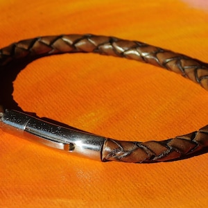 Mens / ladies 4mm Vintage Brown Braided leather & stainless steel bracelet by Lyme Bay Art.