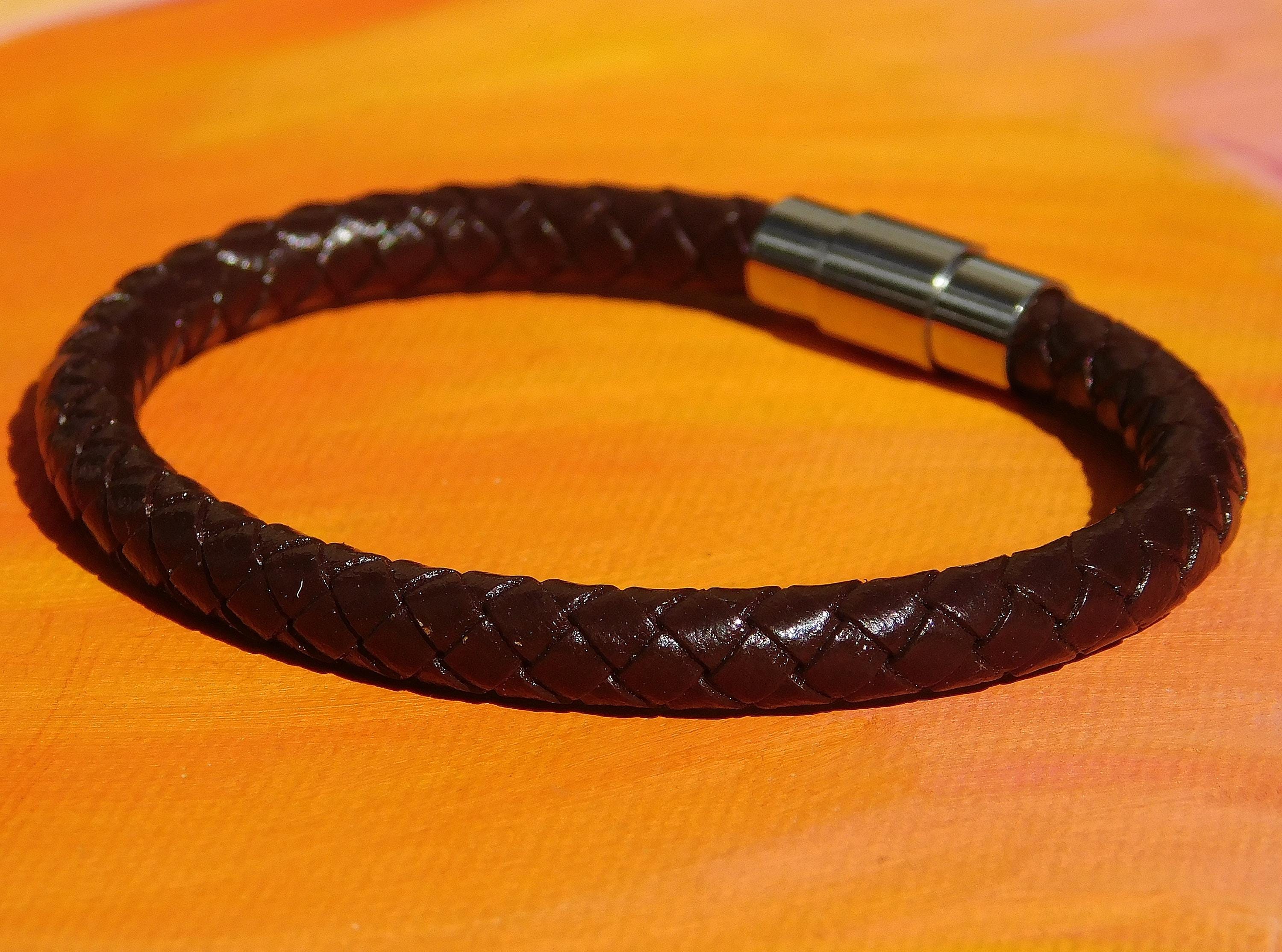 Men's 8.5 brown leather braided bracelet with stainless steel