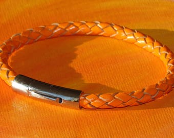 Mens / ladies 5mm Orange Braided leather & stainless steel bracelet by Lyme Bay Art.