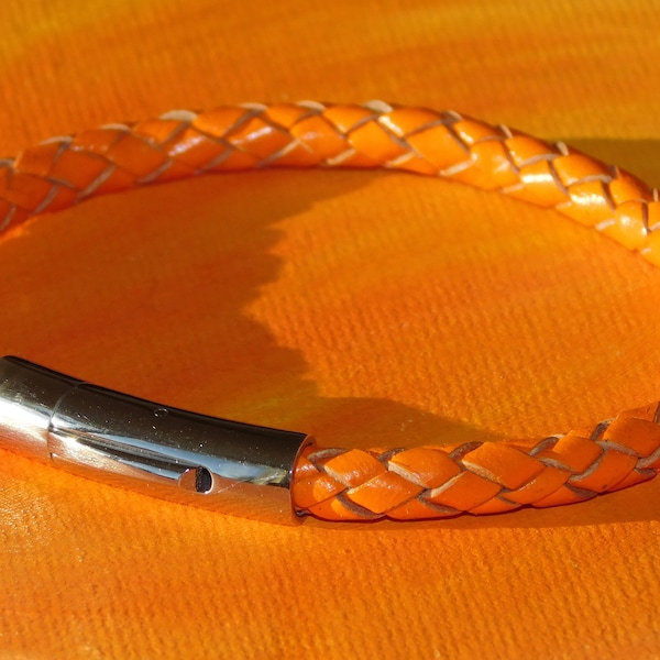 Mens / ladies 5mm Orange Braided leather & stainless steel bracelet by Lyme Bay Art.