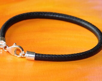 Mens / ladies 4mm Black Nappa leather & sterling silver bracelet by Lyme Bay Art.