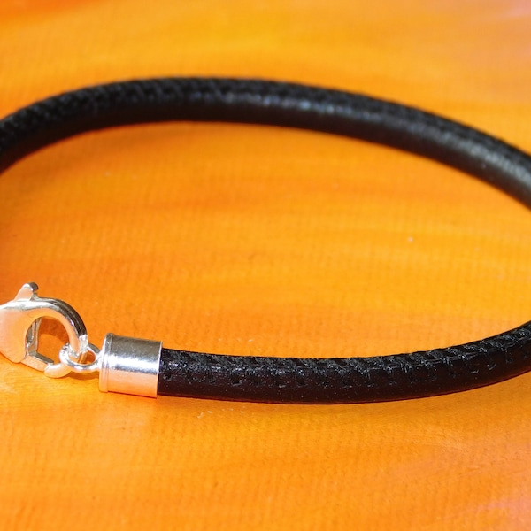 Mens / ladies 4mm Black Nappa leather & sterling silver bracelet by Lyme Bay Art.