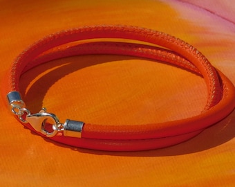 Mens / ladies 4mm Orange Nappa leather & sterling silver wrap-around  bracelet by Lyme Bay Art.